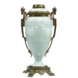 A FRENCH GILTMETAL AND PATE SUR PATE OIL LAMP, C1880  of vase shape with detachable fount, 39cm h,