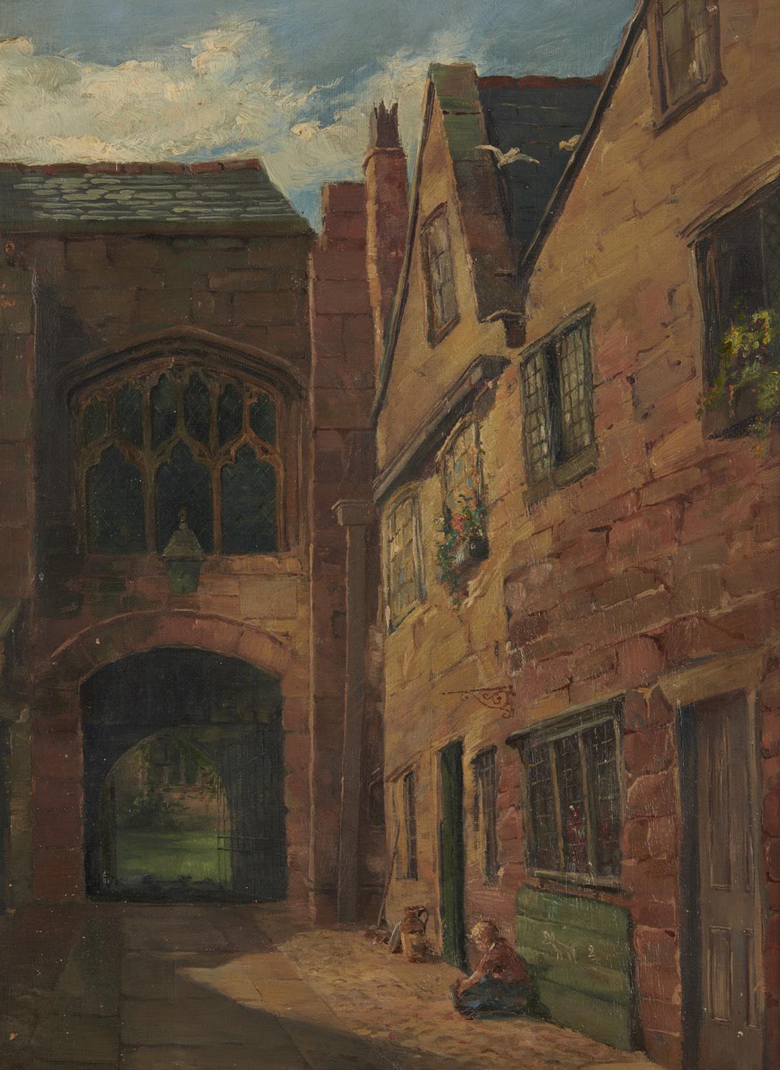 VICTORIAN SCHOOL YARD IN AN OLD TOWN WITH SEATED CHILD  oil on canvas, 43 x 32cm Good condition,