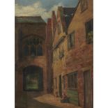 VICTORIAN SCHOOL YARD IN AN OLD TOWN WITH SEATED CHILD  oil on canvas, 43 x 32cm Good condition,