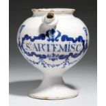 A RARE ENGLISH  DELFTWARE WET DRUG JAR, C1670  of inverted onion shape with flanged spout and flared