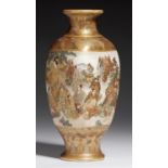 A JAPANESE SATSUMA EARTHENWARE VASE, MEIJI PERIOD of square section, decorated with seated