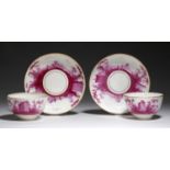 A PAIR ZURICH TEA BOWLS AND SAUCERS, C1790  painted en puce camaieu with figures in continuous