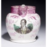 A SUNDERLAND LUSTRE JUG, C1860  with three polychrome sponged transfer prints of Robert Burns,