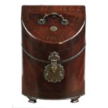 A GEORGE III BRASS MOUNTED BOW FRONTED MAHOGANY CUTLERY BOX, C1770  with sloping lid and red plush