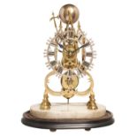 A VICTORIAN GOTHIC BRASS SKELETON CLOCK, C1860  with silvered chapter ring, bell and halberd