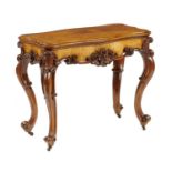 A VICTORIAN SERPENTINE CARVED WALNUT AND GRAINED ROSEWOOD CARD TABLE, C1870  76cm h; 49 x 93cm