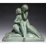 A FRENCH ART DECO GREEN PAINTED TERRACOTTA GROUP OF TWO GIRLS, C1930   44c h, marked Ch Raphael