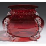 AN OVOID CRANBERRY GLASS BOWL, C1900  with applied shell pincered decoration, 16cm h Good condition