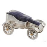 AN EDWARD VII SILVER MOTOR CAR NOVELTY PIN CUSHION  7.5cm l, Deakin & Francis Ltd, Birmingham 1906