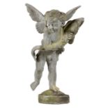 A LEAD PUTTO-AND-DOLPHIN GARDEN FOUNTAIN, 20TH C  on domed base, 72cm hProvenance: T Crowther &
