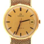 AN OMEGA 9CT GOLD GENTLEMAN'S WRISTWATCH WITH DATE No 3325411, textured bracelet and Omega clasp,