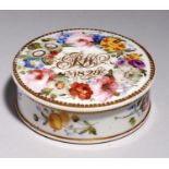 AN ENGLISH PORCELAIN POMMADE BOX AND THREADED COVER, DATED 1829  painted with flowers and gilt