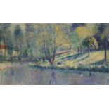 JOHN WIGGIN (1865-1941)  A SUNLIT RIVER signed, oil on canvas, 39.5 x 68.5cm Good condition, unlined