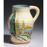 CLARICE CLIFF.  AN A J WILKINSON CLOVELLY LOTUS JUG, C1937 17.5cm h, printed mark Good condition,