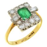 AN EMERALD AND DIAMOND CLUSTER RING gold hoop, marked 18ct and platinum, 4.5g, size N ½ Light