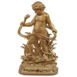 THE INFANT HERCULES.  A VICTORIAN  CAST IRON UMBRELLA STAND, C1880  with leafy detachable drip tray,