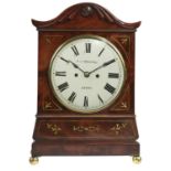 AN ENGLISH BRASS INLAID CARVED MAHOGANY BRACKET CLOCK F J HORSFALL, LEEDS, C1840  with painted