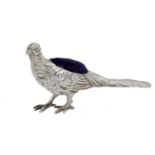 A CONTINENTAL SILVER PHEASANT NOVELTY  PIN CUSHION  8.5cm, import marked, George Bedingham,