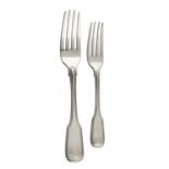 TEN GEORGE III SILVER DESSERT FORKS, FOUR TABLE FORKS AND TWO VICTORIAN TABLE FORKS Fiddle and