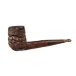 A MAORI CARVED WOOD TOBACCO PIPE, NEW ZEALAND, 1920S  horn mouthpiece, 15cm l Scorch marks to