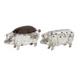 TWO EDWARD VII SILVER PIG NOVELTY PIN CUSHIONS  4.5 and 5cm l, both Birmingham, one by Levi &