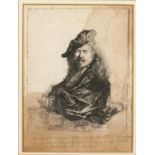 REMBRANDT HARMENSZ.  VAN RIJN (1606-1669) SELF PORTRAIT LEANING ON A STONE CILL (COPY OF BARTSCH