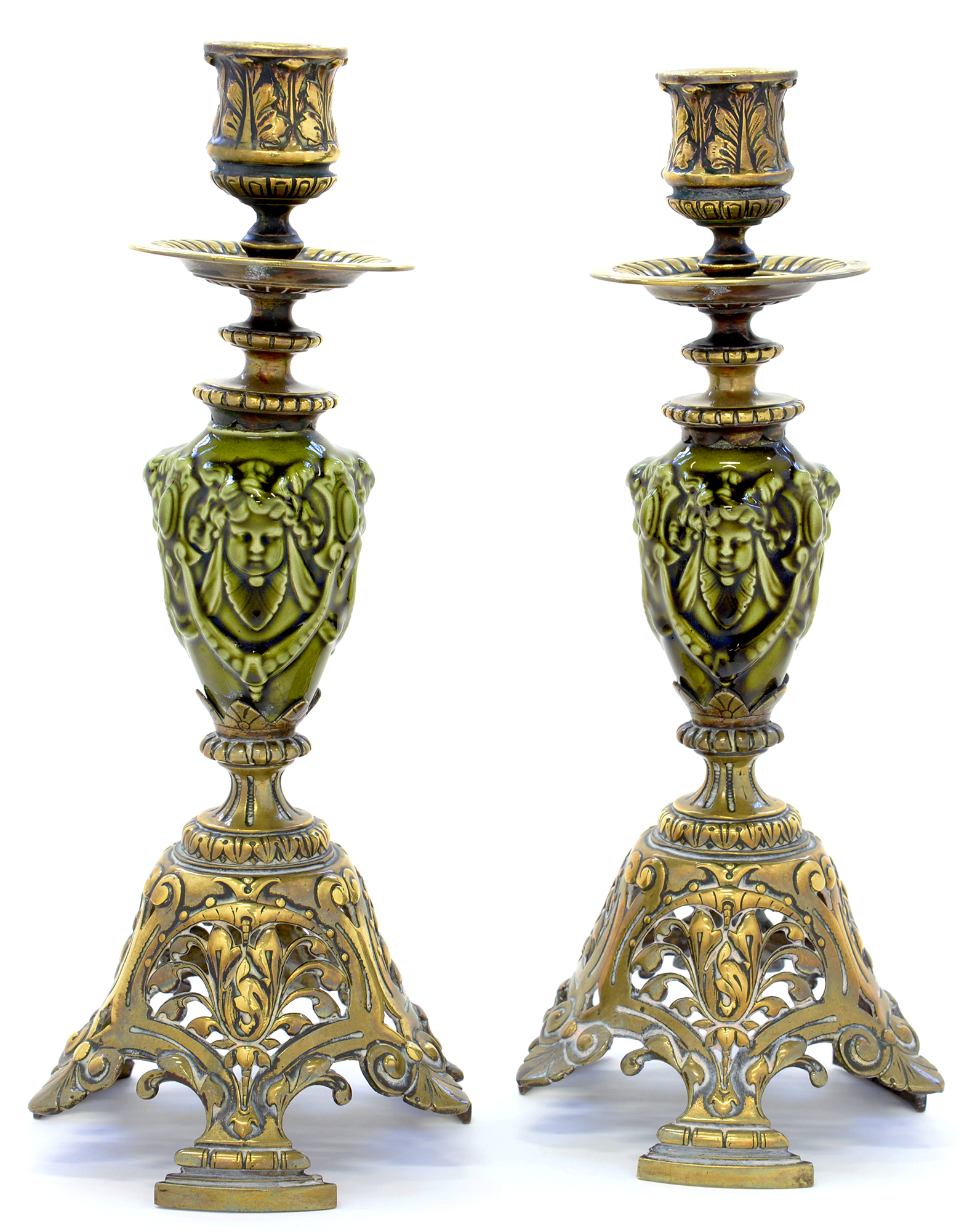 A PAIR OF ORNATE VICTORIAN CAST BRASS OPENWORK AND GREEN MAJOLICA CANDLESTICKS 32.5cm h