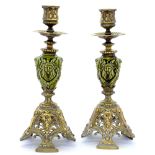 A PAIR OF ORNATE VICTORIAN CAST BRASS OPENWORK AND GREEN MAJOLICA CANDLESTICKS 32.5cm h