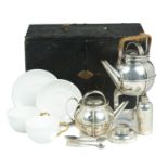 AN EPNS FITTED LEATHER PICNIC TEA CASE, HAMILTON & CO, CALCUTTA, C1900 comprising kettle, teapot,
