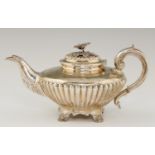 A WILLIAM IV REEDED SILVER TEAPOT   with flower knop, 14cm h, by George Burrows and Richard