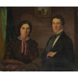 BRITISH NAIVE ARTIST, MID 19TH CENTURY DOUBLE PORTRAIT OF A YOUNG LADY AND GENTLEMAN   seated half
