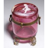 A VICTORIAN BRASS MOUNTED CYLINDRICAL BOX, C1880 the lid with 'Mary Gregory' white enamel decoration