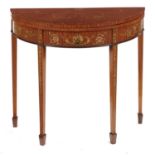 A LATE VICTORIAN PAINTED SATINWOOD DEMI-LUNE CARD TABLE, C1900  the top with a  lunette of lovers in