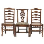 A GEORGE III MAHOGANY DINING CHAIR   WITH INTERLACED SPLAT AND TWO ASH LADDERBACK CHAIRS, LATE