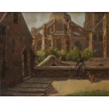 VERNON BEAUVOIR WARD (1905-1985) TWO WOMEN CONVERSING NEAR A CATHEDRAL  signed and dated 192[or 3]4,