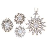 A DIAMOND PARURE comprising ring, pair of earrings and necklet, pendant 3cm, Sheffield 1995, in