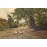 ARTHUR WALKER REDGATE (1860-1906) GEESE BY A RIVER  signed, oil on canvas, 49.5 x 75cm Good original