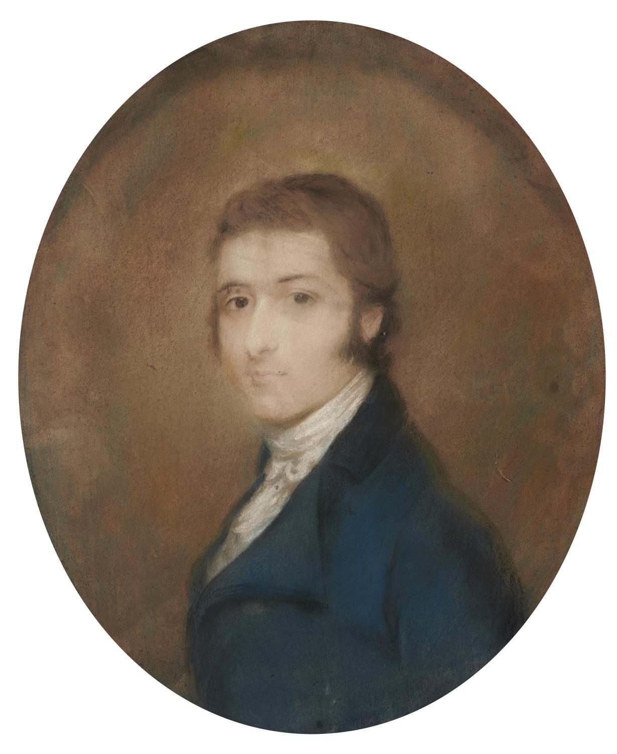 ENGLISH SCHOOL, EARLY 19TH CENTURY PORTRAIT OF AYOUNG MAN  bust length in a blue coat and white