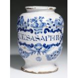 A LONDON DELFTWARE DRUG JAR, C1700-20  of ovoid shape, painted in dark blue with a strapwork label