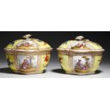 A PAIR OF POTSCHAPPEL COVERED BOWLS, C1900 painted with 18th c scenes alternating with yellow ground