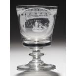 A SUNDERLAND BRIDGE ENGRAVED GLASS RUMMER, C1840  the oval panel with a two masted ship passing