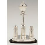 A VICTORIAN SILVER STREET LAMP NOVELTY CRUET STAND AND CONDIMENTS  the mustard pot as the lantern,