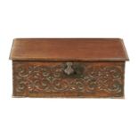 A BOARDED OAK BOX, LATE 17TH C  with carved front, iron hasp and lockplate, 22cm h; 40 x 61cm lid