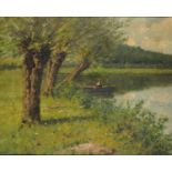 JOHN WIGGIN (1865-1941) ANGLER AT THE EDGE OF A LAKE signed in pencil on the stretcher, oil on