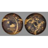 A PAIR OF JAPANESE LACQUERED TORTOISESHELL DISHES, MEIJI PERIOD on ring foot, 10.5cm diam One dish