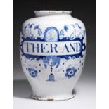 A LONDON DELFTWARE DRUG JAR OF UNUSUALLY LARGE SIZE, C1740  of ovoid shape, painted in blue with a
