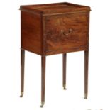 A GEORGE III MAHOGANY BEDSIDE TABLE, EARLY 19TH C with open back, on square tapered legs and brass