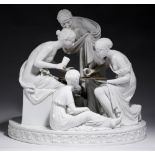 A GERMAN GLAZED PORCELAIN GAMING GROUP OF FOUR FIGURES AND TWO PUTTI WITH A BASKET OF HEARTS, 20TH C