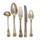 A SET OF SIX GEORGE III SILVER TABLESPOONS AND FORKS  King's Honeysuckle Variant pattern, crested,