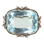A FINE BELLE EPOQUE AQUAMARINE AND DIAMOND BROOCH, C1900 the cushion shaped  aquamarine 43ct approx,